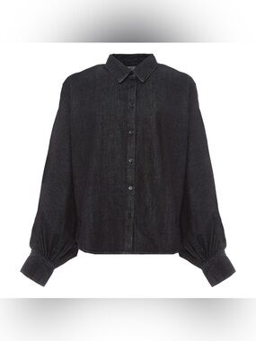 Made in Tomboy Claire Button Balloon Sleeve Denim Top Black XS Cotton Work